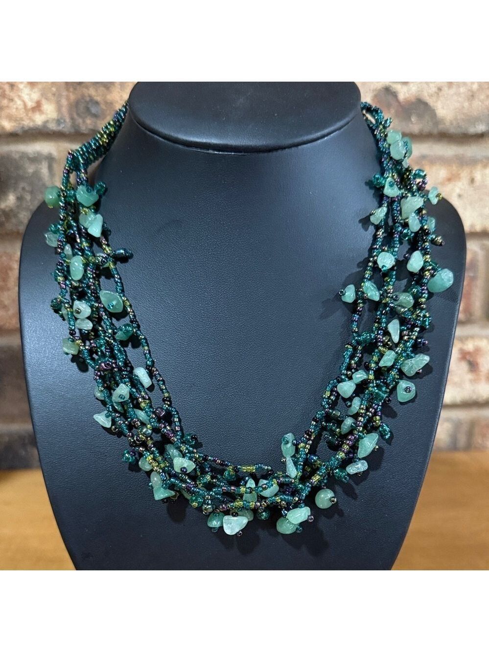 Vintage Iridescent Jadeite Chips Cluster Seed Beaded 6 Strand Statement Necklace